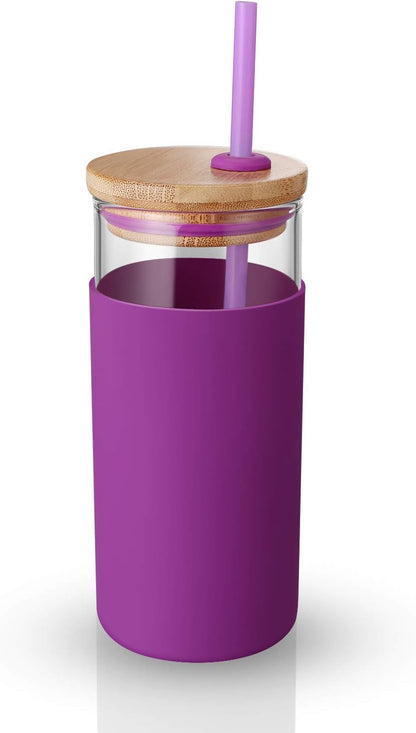 20 oz Glass Tumbler with Lids and Straws, Reusable Iced Coffee Cups | Borosilicate Glass Cups with Bamboo Lid, Silicone Sleeve, Dishwasher Safe, Cup Holder Friendly, BPA-Free, Iced Coffee Tumbler - Colors A