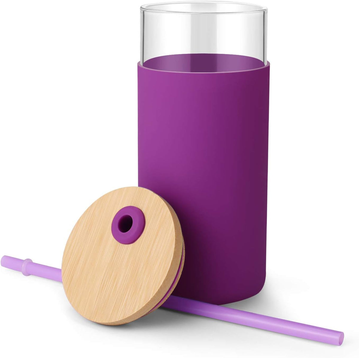 20 oz Glass Tumbler with Lids and Straws, Reusable Iced Coffee Cups | Borosilicate Glass Cups with Bamboo Lid, Silicone Sleeve, Dishwasher Safe, Cup Holder Friendly, BPA-Free, Iced Coffee Tumbler - Colors A