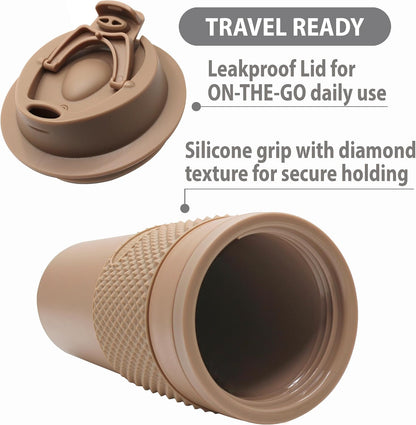 16 oz Coffee Tumbler Set (2 Pack) – Insulated Double Wall Travel Mug with Leak Proof Lid, Cup Holder Friendly, BPA Free Reusable Coffee Cup, Dishwasher & Microwave Safe, Brown