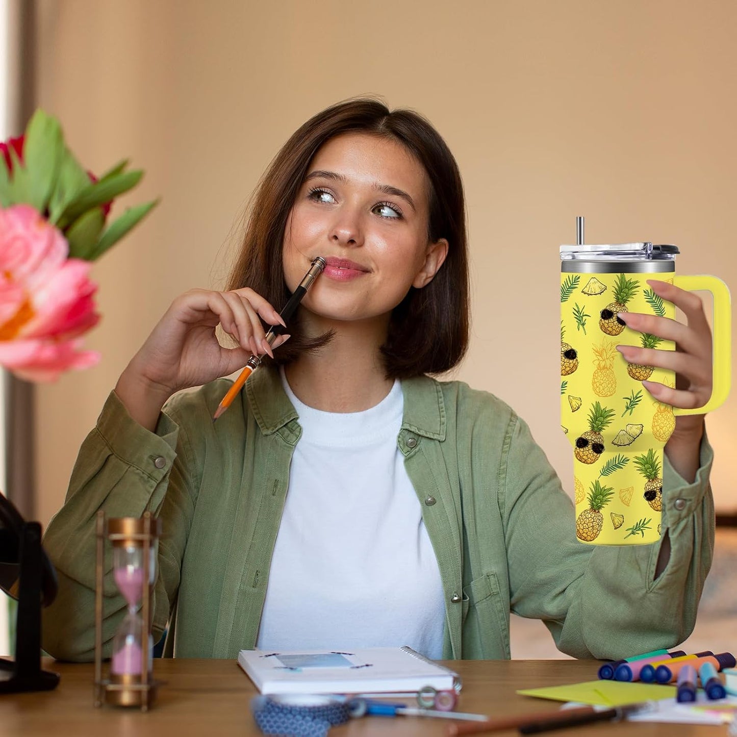 Pineapple Tumbler with Handle 40 oz, Pineapple Gifts For Women Girls, Birthday Christmas Funny Fruit Gifts for ananas Lover