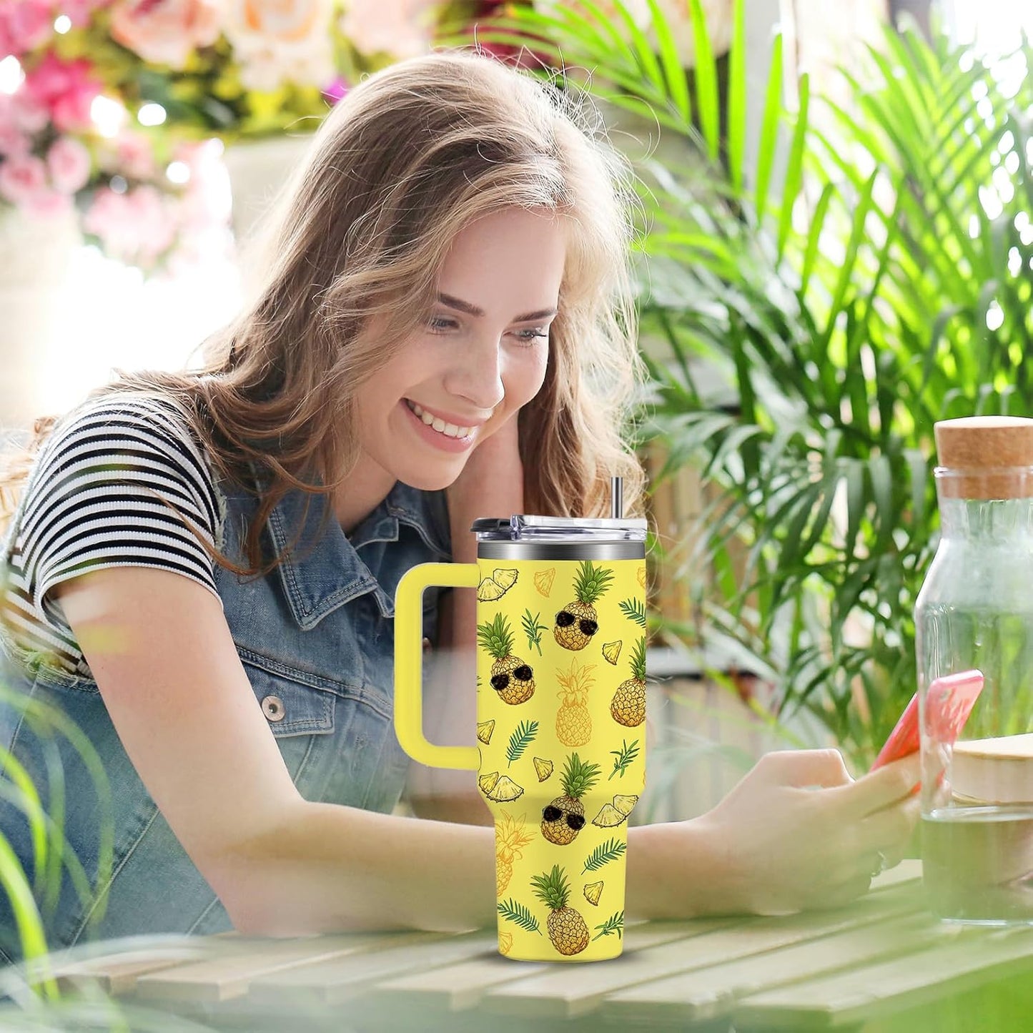 Pineapple Tumbler with Handle 40 oz, Pineapple Gifts For Women Girls, Birthday Christmas Funny Fruit Gifts for ananas Lover
