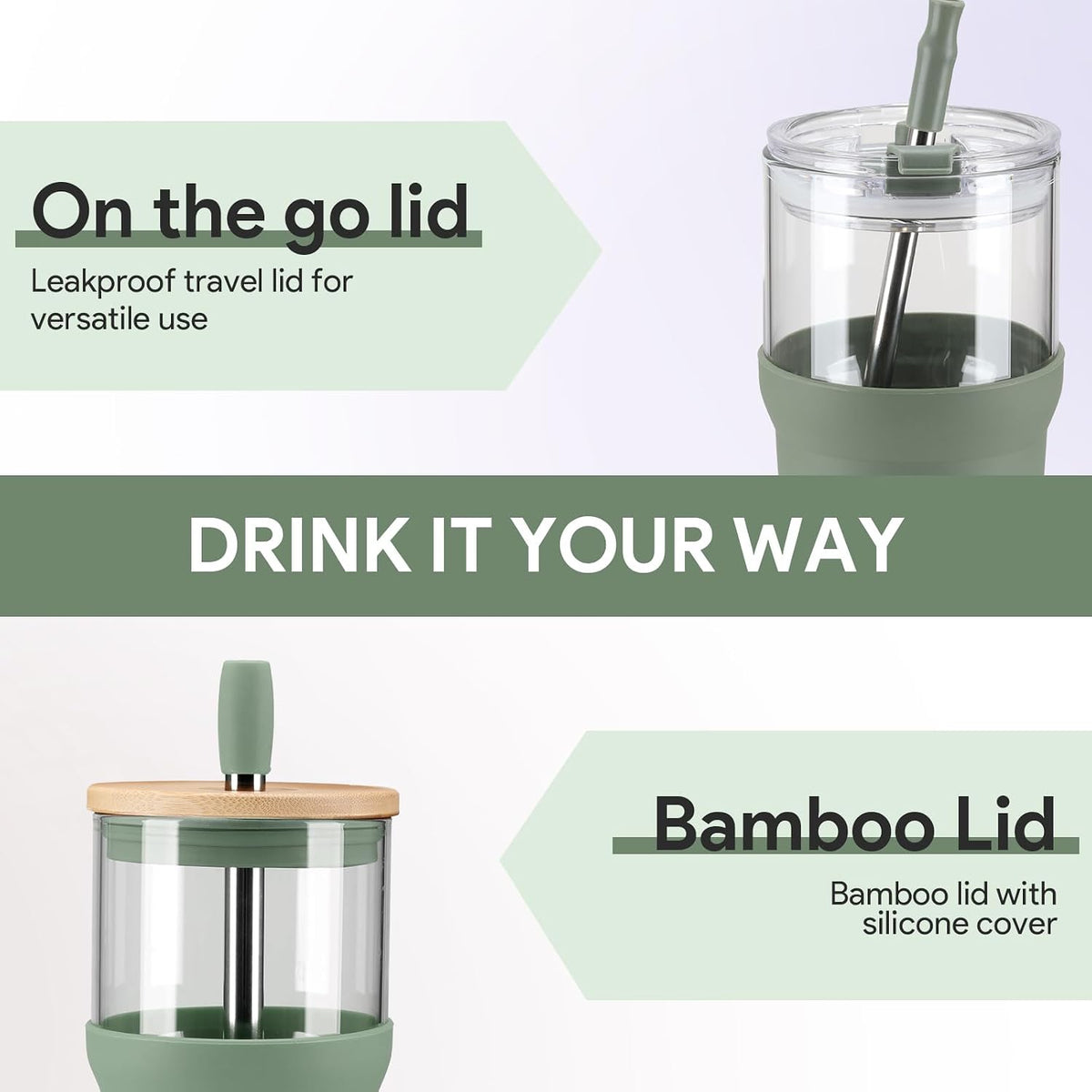 Glass Tumbler with Lids and Straws, 20 oz Iced Coffee Cup and Smoothie Cup with Bamboo Lid and On the go Lid,Glass Cups With Straws