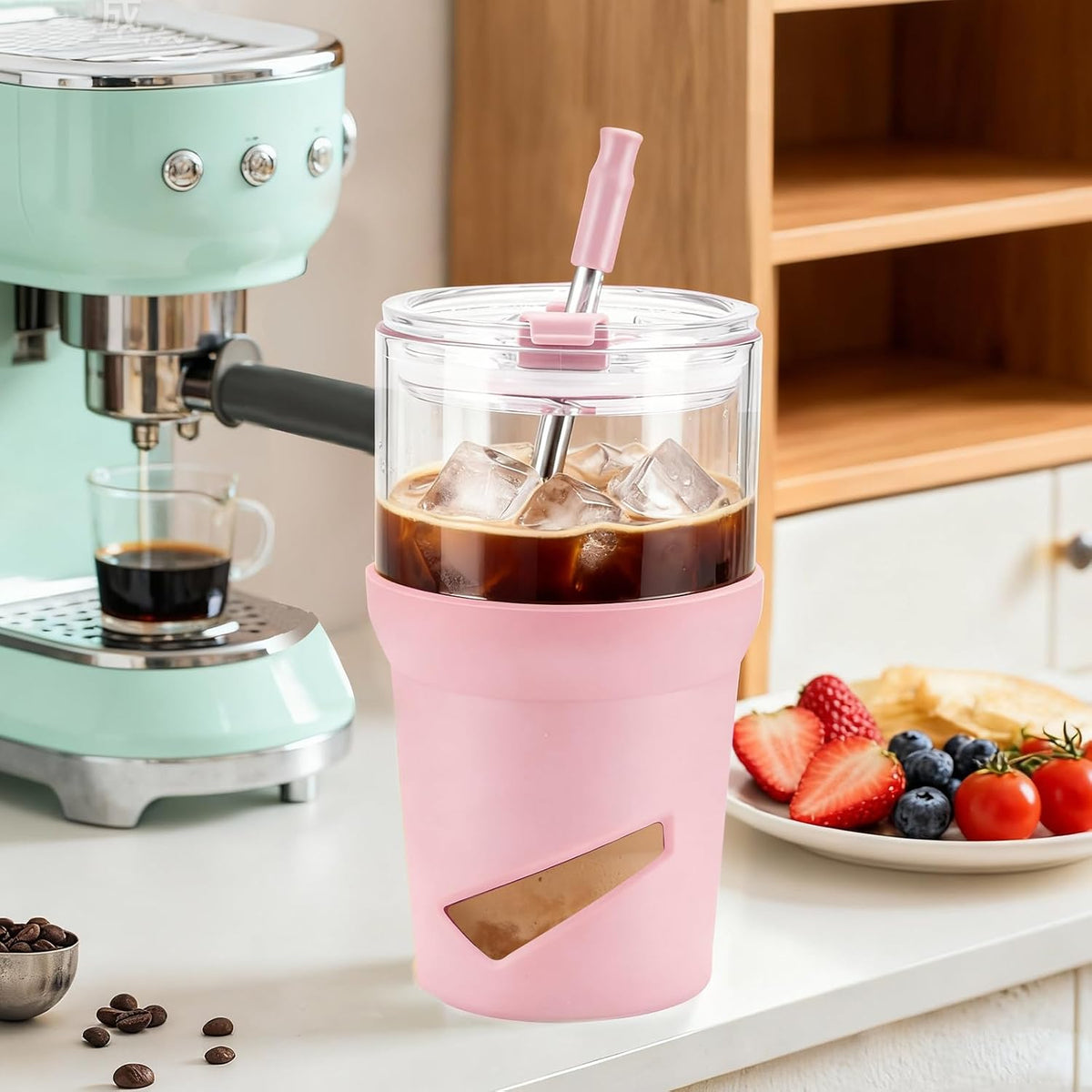 Glass Tumbler with Lids and Straws, 20 oz Iced Coffee Cup and Smoothie Cup with Bamboo Lid and On the go Lid,Glass Cups With Straws