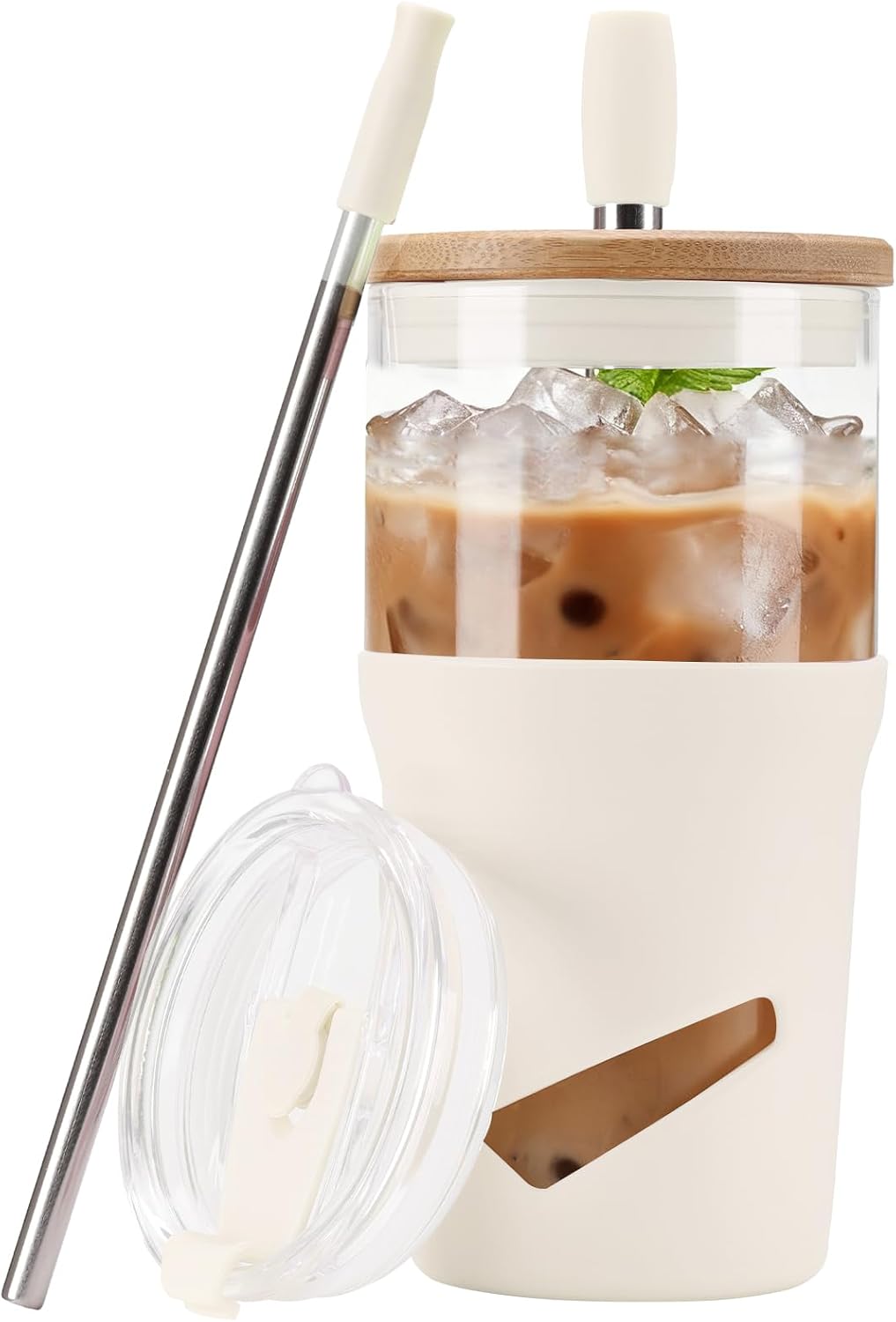 Glass Tumbler with Lids and Straws, 20 oz Iced Coffee Cup and Smoothie Cup with Bamboo Lid and On the go Lid,Glass Cups With Straws