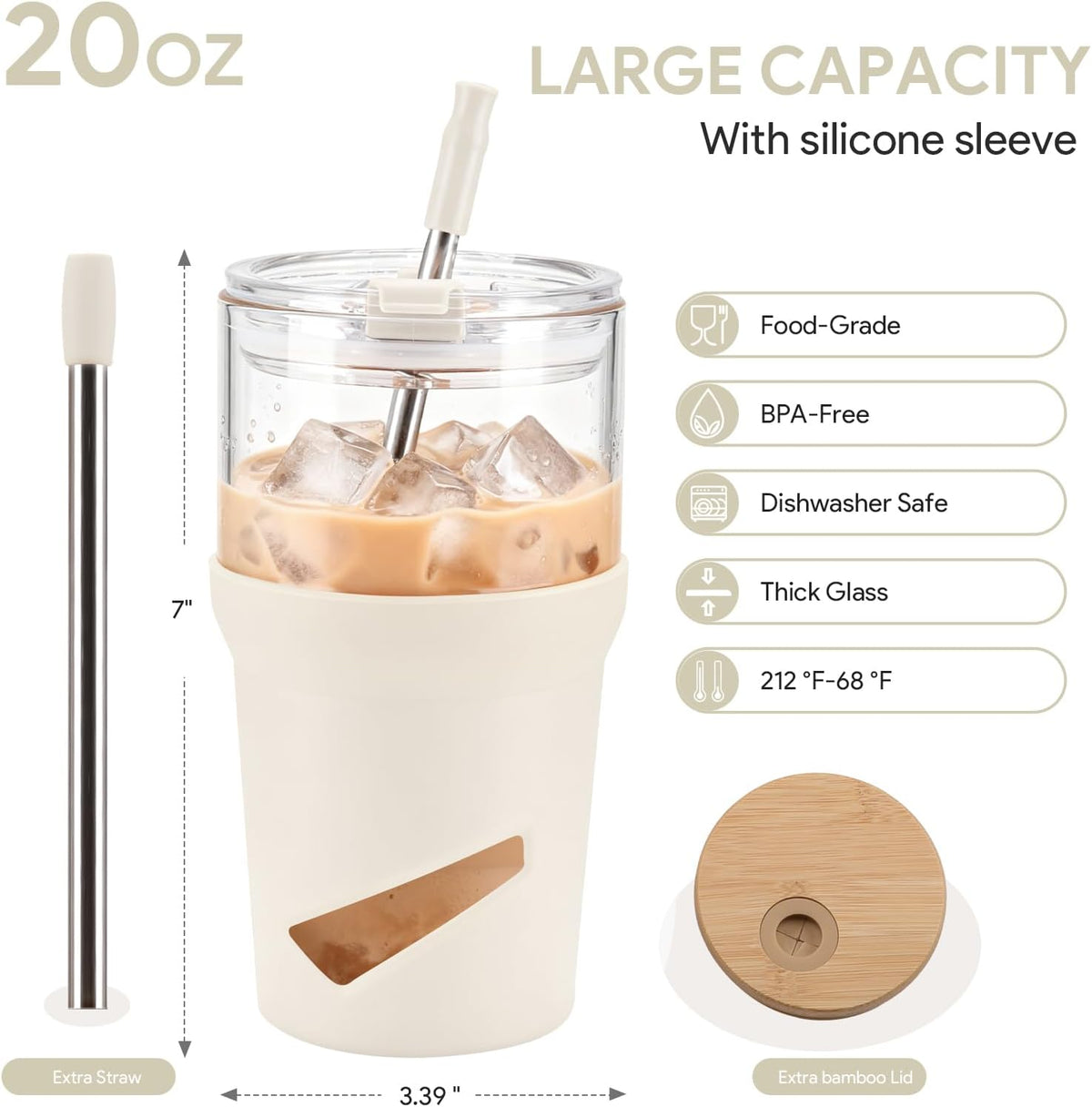 Glass Tumbler with Lids and Straws, 20 oz Iced Coffee Cup and Smoothie Cup with Bamboo Lid and On the go Lid,Glass Cups With Straws