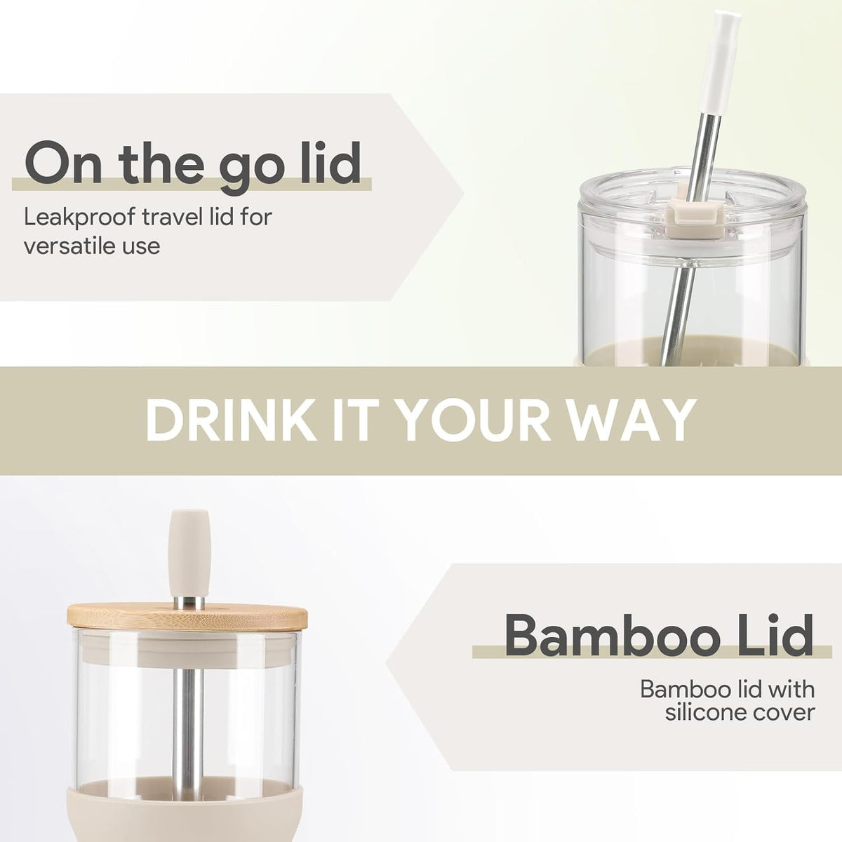Glass Tumbler with Lids and Straws, 20 oz Iced Coffee Cup and Smoothie Cup with Bamboo Lid and On the go Lid,Glass Cups With Straws