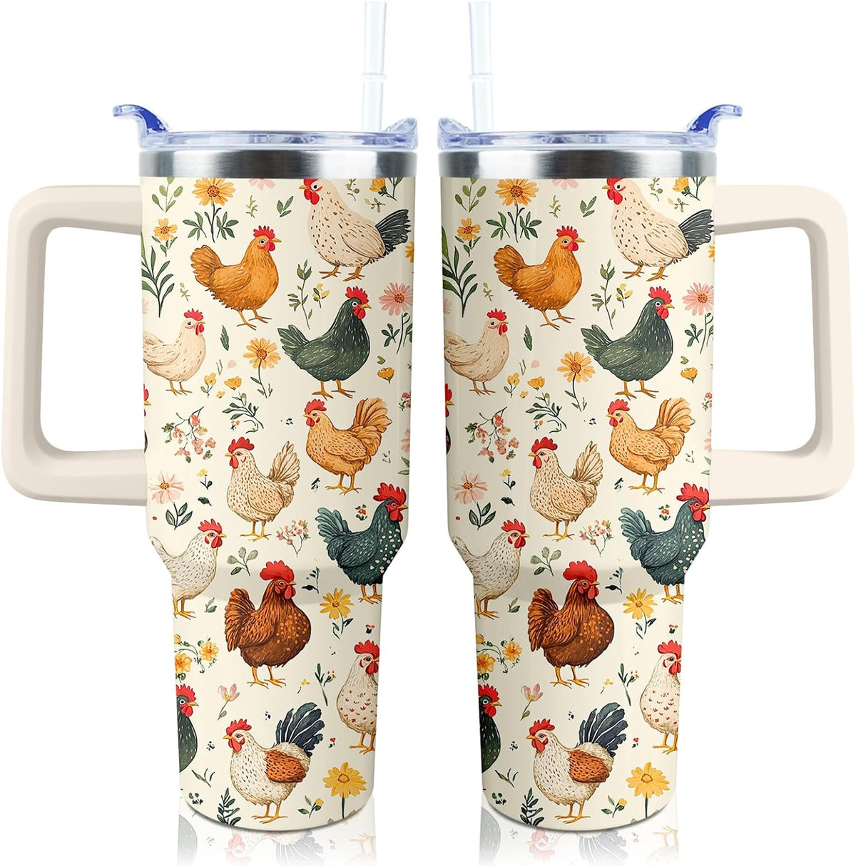 30 oz Tumbler with Handle Straw Lid Chicken Gifts for Women | Chicken Rooster Coffee Travel Mug Leak Proof Insulated for Hot Cold Ice Christmas Birthday Gifts for Women