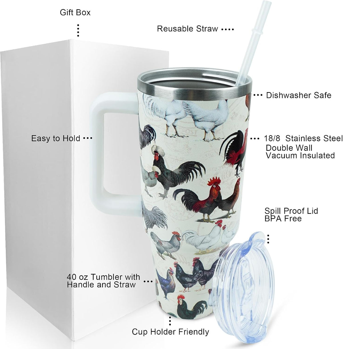 30 oz Tumbler with Handle Straw Lid Chicken Gifts for Women | Chicken Rooster Coffee Travel Mug Leak Proof Insulated for Hot Cold Ice Christmas Birthday Gifts for Women