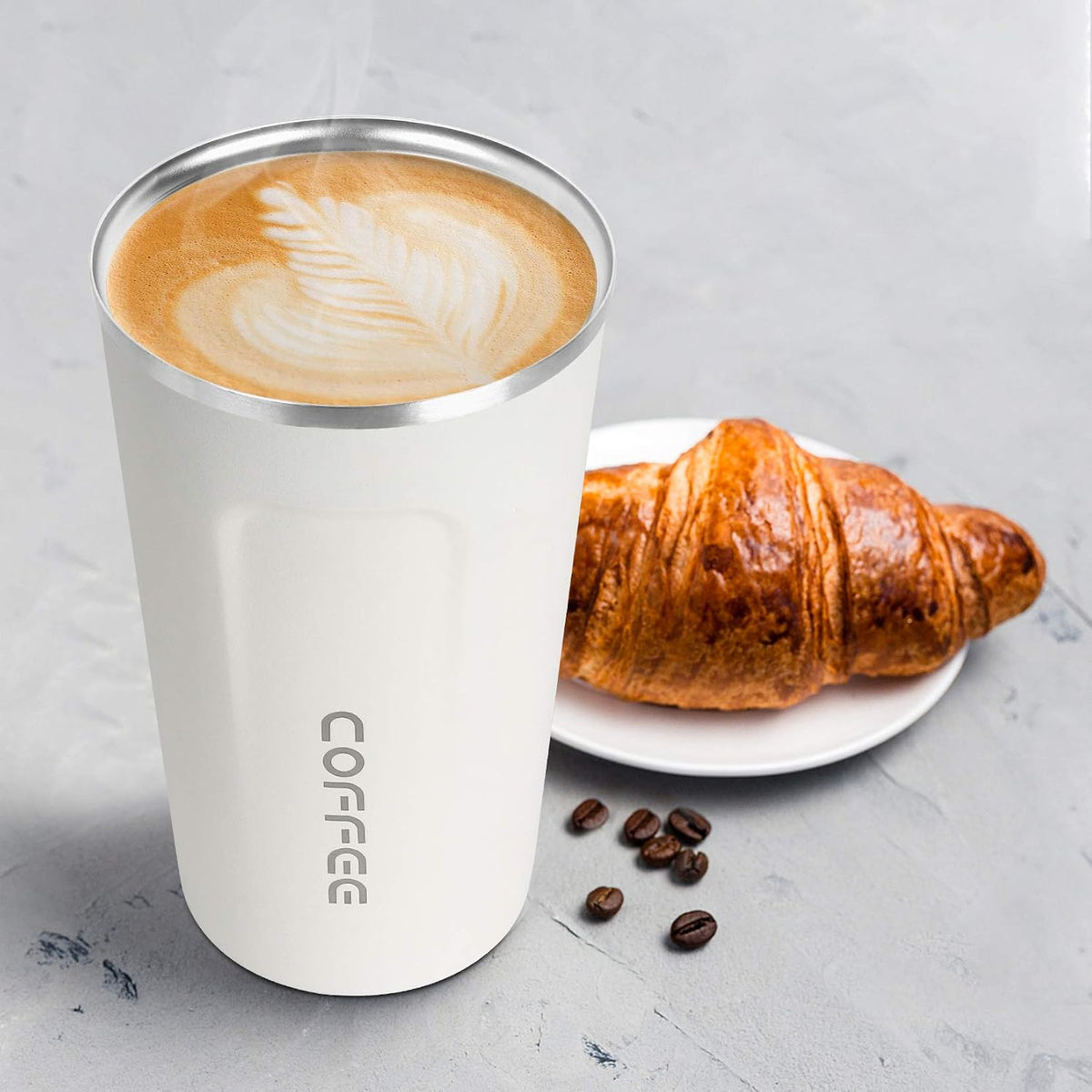 17oz (510ml) Vacuum Insulated Coffee Travel Mug, Leak proof Double Wall Stainless Steel Reusable Cup with Lid, Thermal Tumbler for Hot and Cold Drinks, Matte Texture White