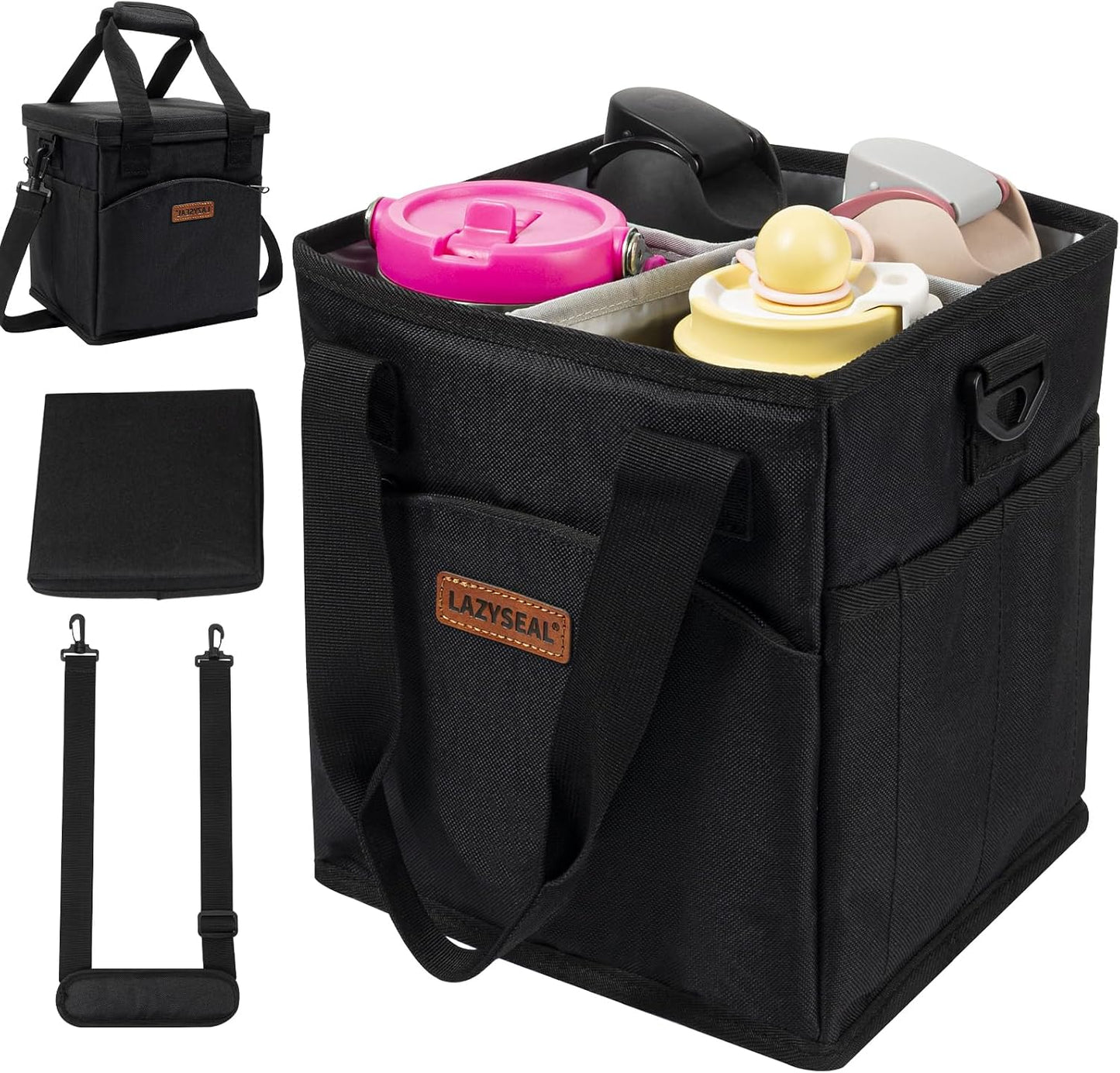 Reusable Drink Carrier with Handle, 4 Cup Capacity, Black | Foldable, reinforced bottom, multiple storage pockets, comes with shoulder strap and insulated lid
