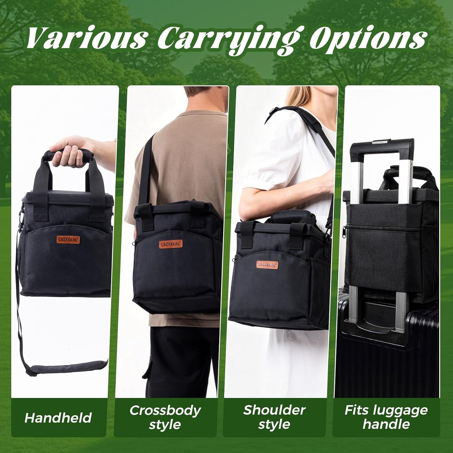 Reusable Drink Carrier with Handle, 4 Cup Capacity, Black | Foldable, reinforced bottom, multiple storage pockets, comes with shoulder strap and insulated lid