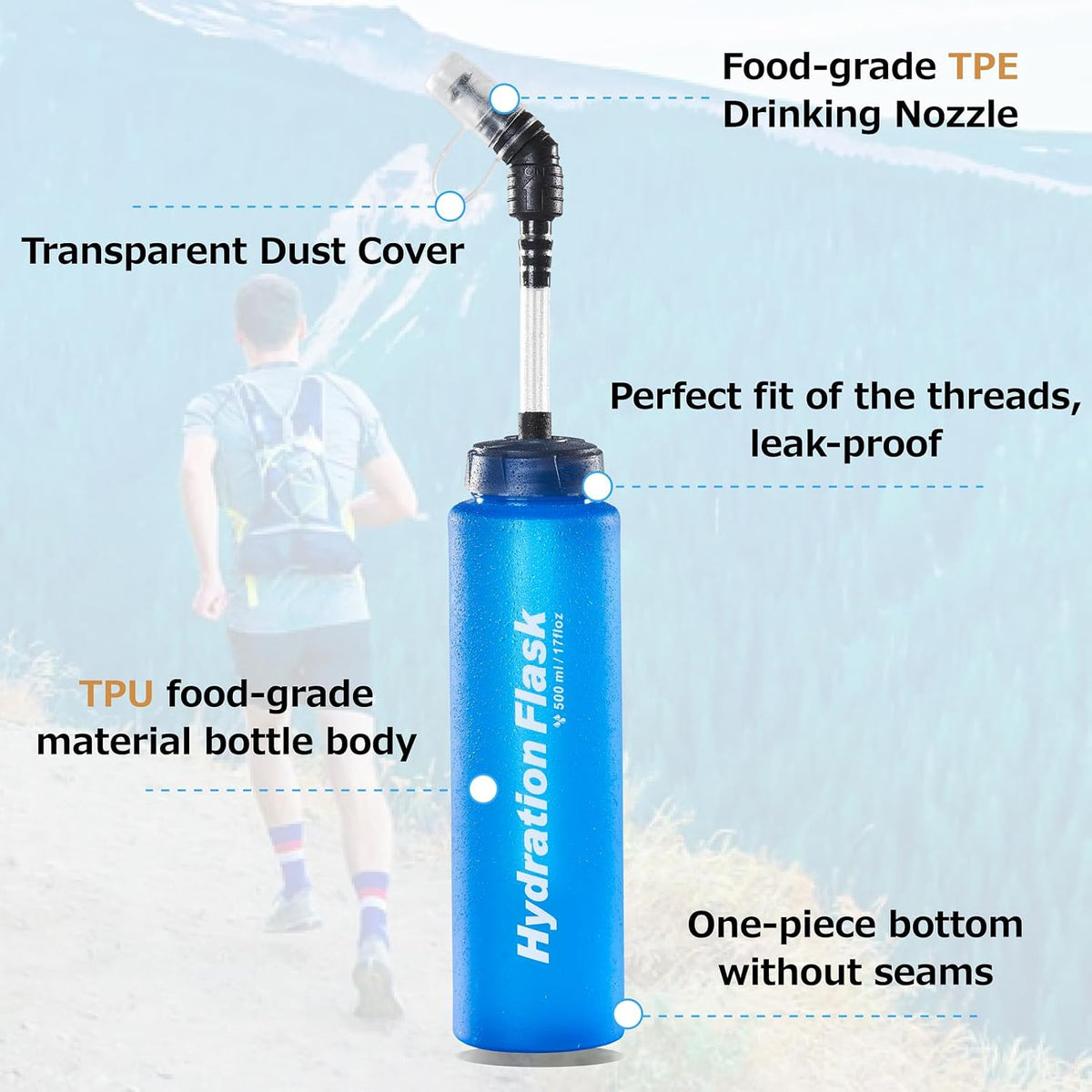 Azarxis TPU Soft Flask Collapsible Water Bottles BPA-Free 250ml 350ml 500ml for Hydration Vest Pack Running Hiking Cycling Climbing