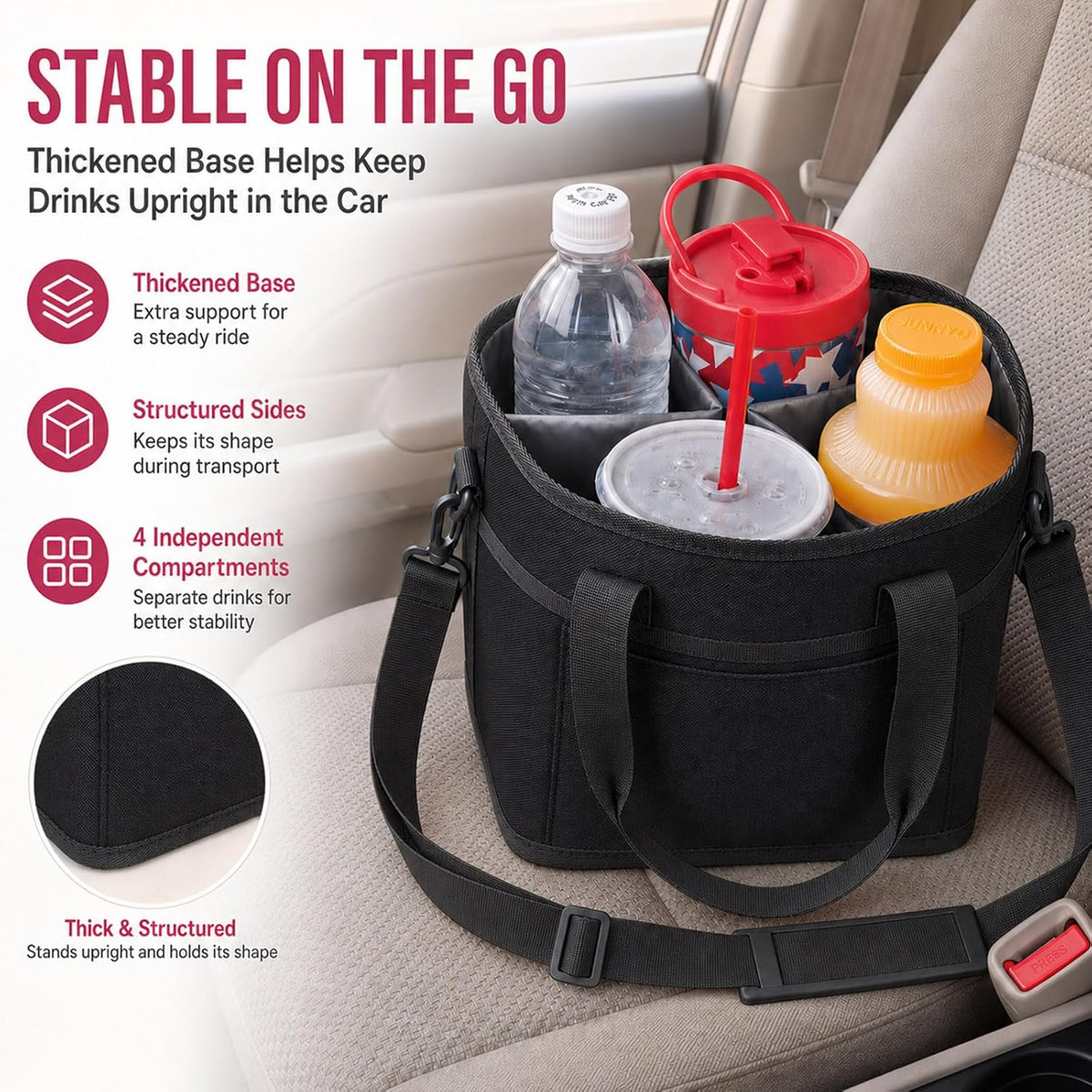 Structured Drink Carrier Bag, Family Size 4 Compartment Drink Bag