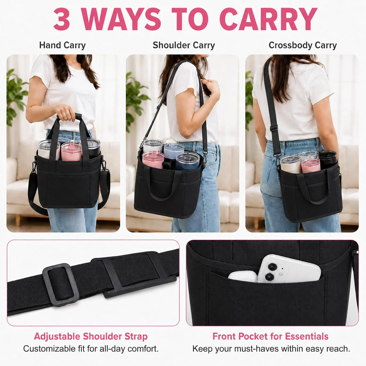 Structured Drink Carrier Bag, Family Size 4 Compartment Drink Bag