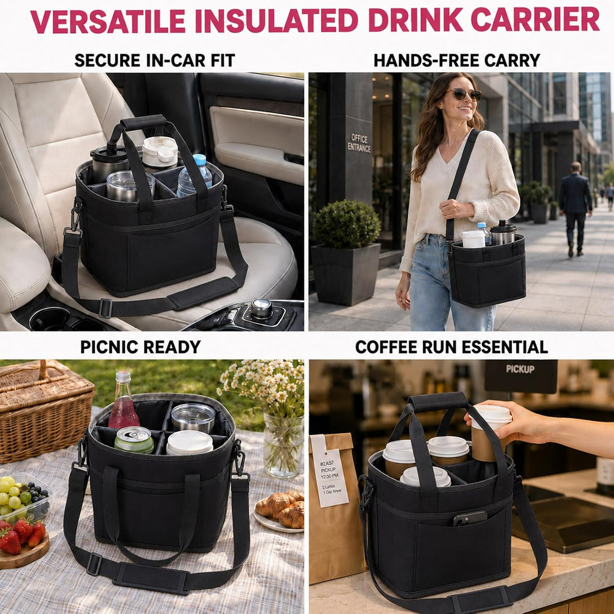 Structured Drink Carrier Bag, Family Size 4 Compartment Drink Bag
