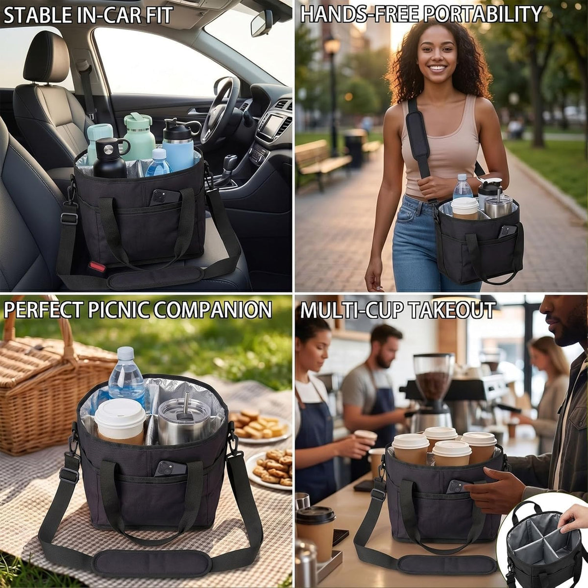 Structured Drink Carrier Bag, Family Size 4 Compartment Drink Bag