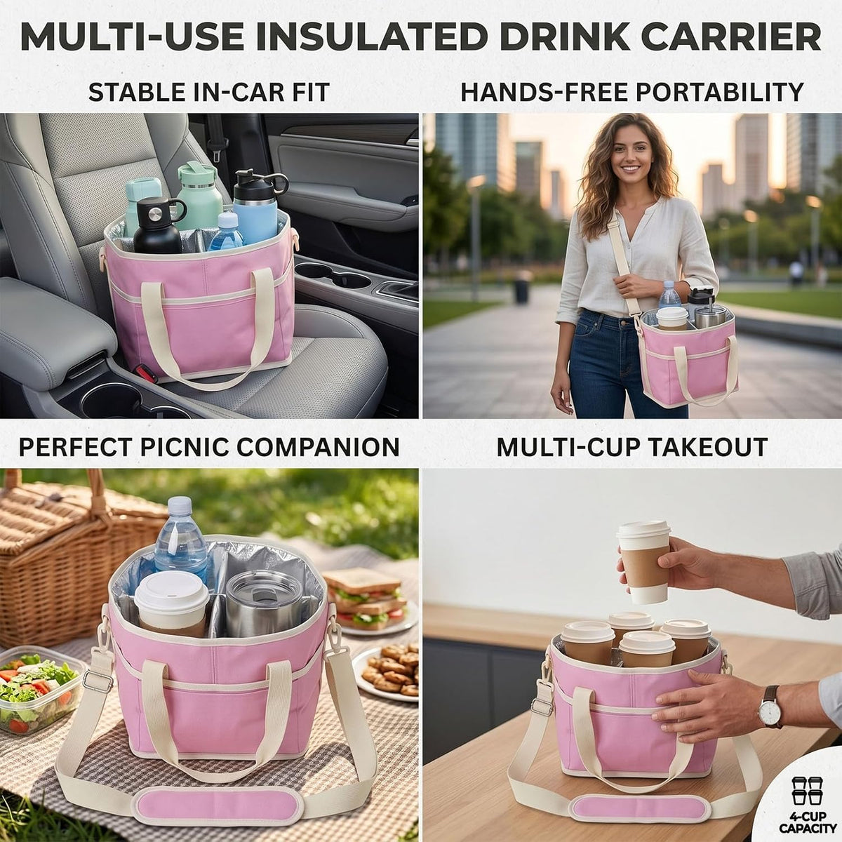 Structured Drink Carrier Bag, Family Size 4 Compartment Drink Bag