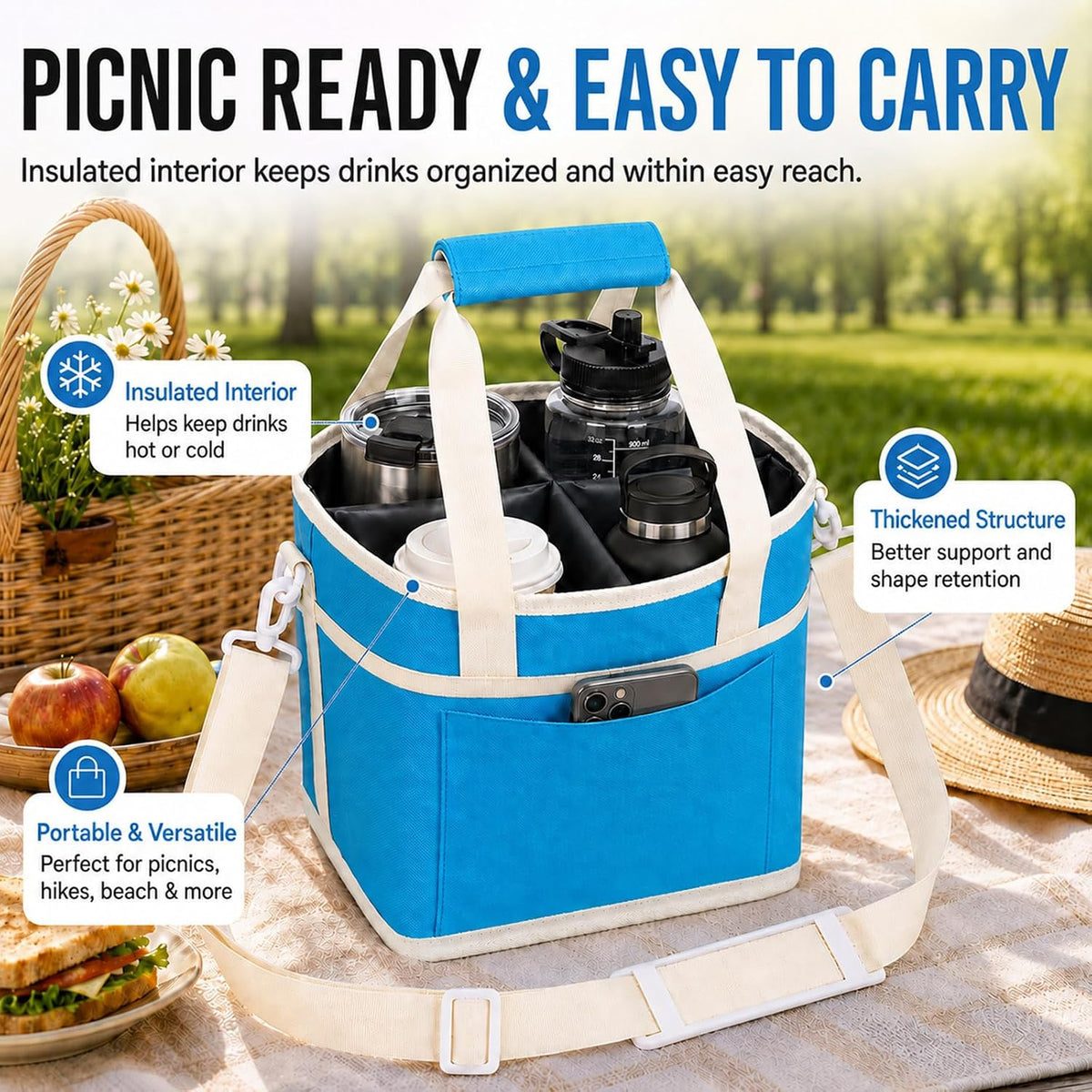 Structured Drink Carrier Bag, Family Size 4 Compartment Drink Bag