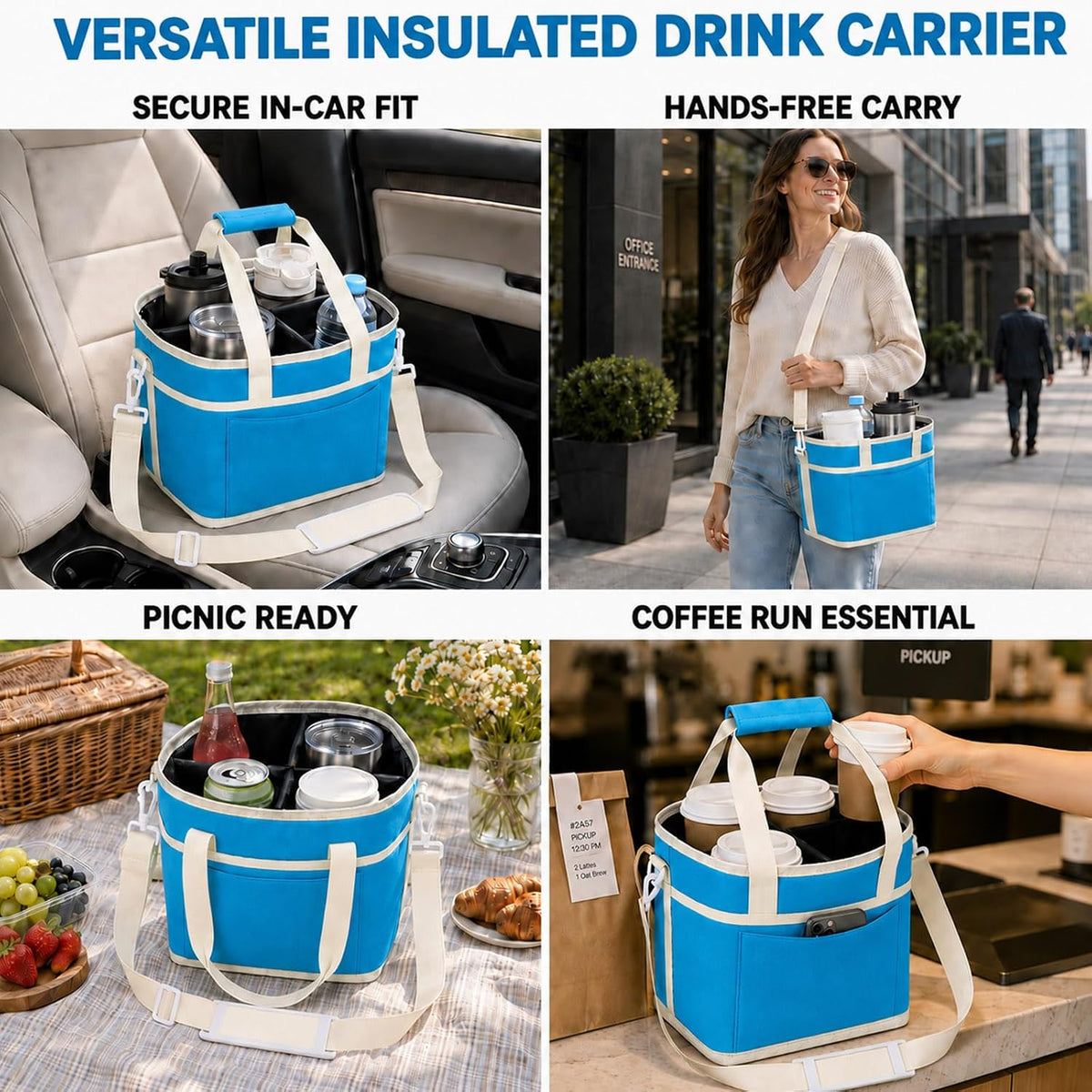Structured Drink Carrier Bag, Family Size 4 Compartment Drink Bag