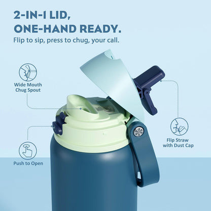24 oz Stainless Steel Water Bottle: 2-in-1 Push-Button Spout & Quick-Flip Straw, Leakproof, Cold 24Hrs, Fits Car Cup Holder, Insulated Vacuum Flask for Sports, Trip, School Gift (Storm Hammer) - Colors B