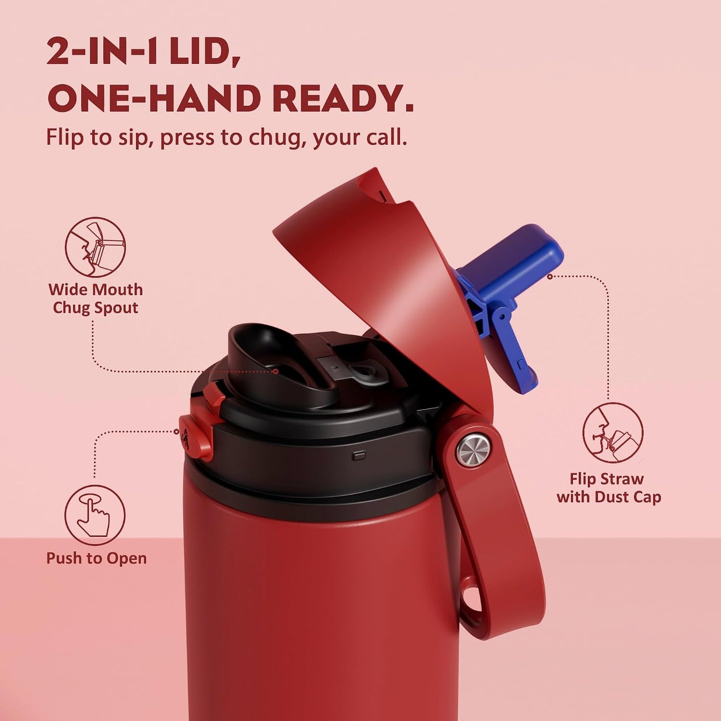 24 oz Stainless Steel Water Bottle: 2-in-1 Push-Button Spout & Quick-Flip Straw, Leakproof, Cold 24Hrs, Fits Car Cup Holder, Insulated Vacuum Flask for Sports, Trip, School Gift (Storm Hammer) - Colors B