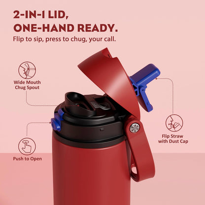 24 oz Stainless Steel Water Bottle: 2-in-1 Push-Button Spout & Quick-Flip Straw, Leakproof, Cold 24Hrs, Fits Car Cup Holder, Insulated Vacuum Flask for Sports, Trip, School Gift (Storm Hammer) - Colors B