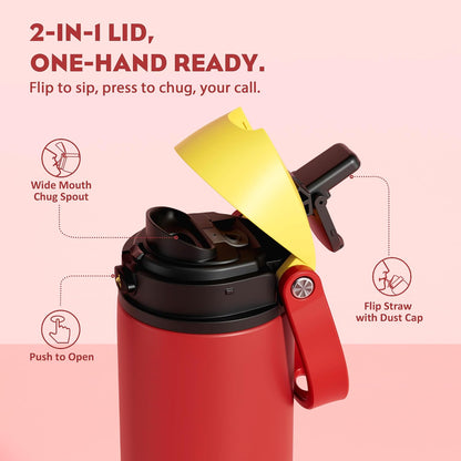 24 oz Stainless Steel Water Bottle: 2-in-1 Push-Button Spout & Quick-Flip Straw, Leakproof, Cold 24Hrs, Fits Car Cup Holder, Insulated Vacuum Flask for Sports, Trip, School Gift (Storm Hammer) - Colors B