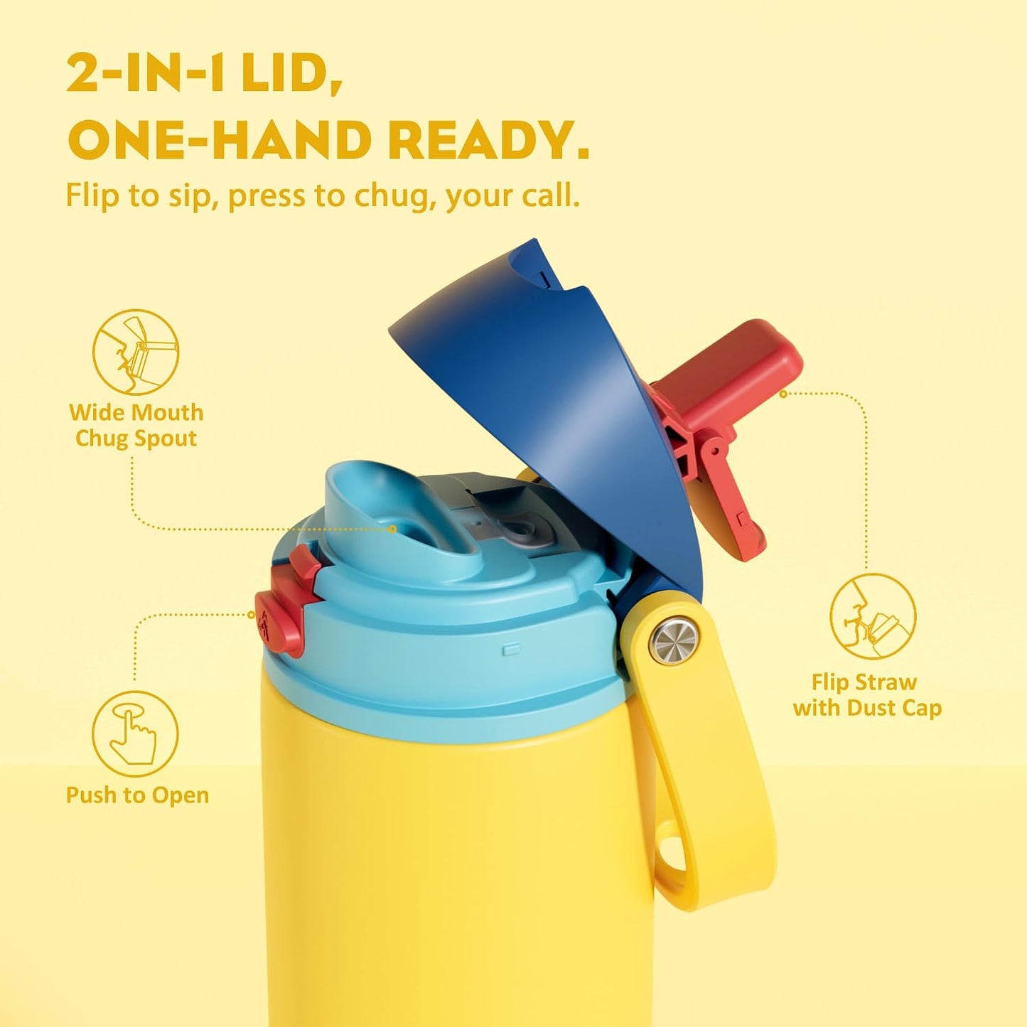 24 oz Stainless Steel Water Bottle: 2-in-1 Push-Button Spout & Quick-Flip Straw, Leakproof, Cold 24Hrs, Fits Car Cup Holder, Insulated Vacuum Flask for Sports, Trip, School Gift (Storm Hammer) - Colors B