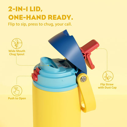24 oz Stainless Steel Water Bottle: 2-in-1 Push-Button Spout & Quick-Flip Straw, Leakproof, Cold 24Hrs, Fits Car Cup Holder, Insulated Vacuum Flask for Sports, Trip, School Gift (Storm Hammer) - Colors B