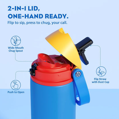 24 oz Stainless Steel Water Bottle: 2-in-1 Push-Button Spout & Quick-Flip Straw, Leakproof, Cold 24Hrs, Fits Car Cup Holder, Insulated Vacuum Flask for Sports, Trip, School Gift (Storm Hammer) - Colors B