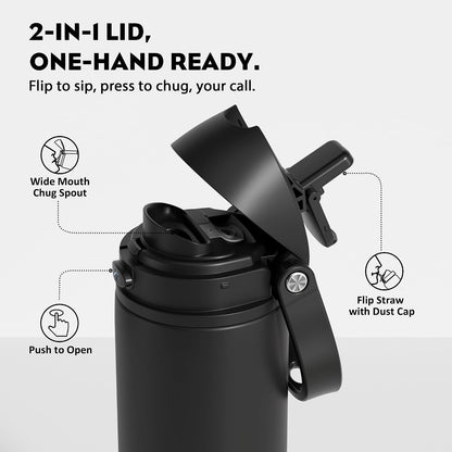 24 oz Stainless Steel Water Bottle: 2-in-1 Push-Button Spout & Quick-Flip Straw, Leakproof, Cold 24Hrs, Fits Car Cup Holder, Insulated Vacuum Flask for Sports, Trip, School Gift (Storm Hammer) - Colors B