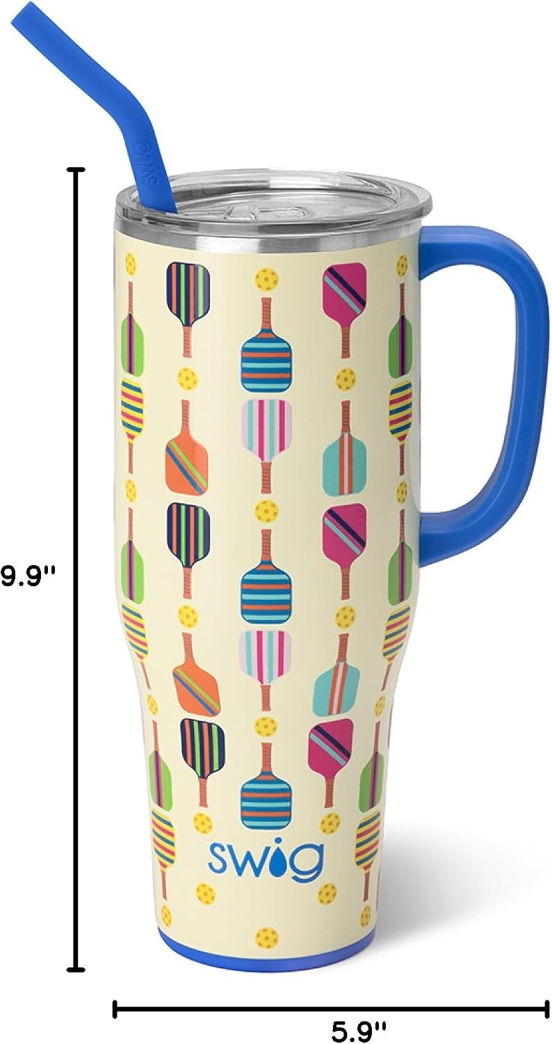 40oz Mega Mug, 40 oz Tumbler with Handle and Straw, Cup Holder Friendly, Dishwasher Safe, Extra Large Insulated Tumbler, Stainless Steel (Pickleball)