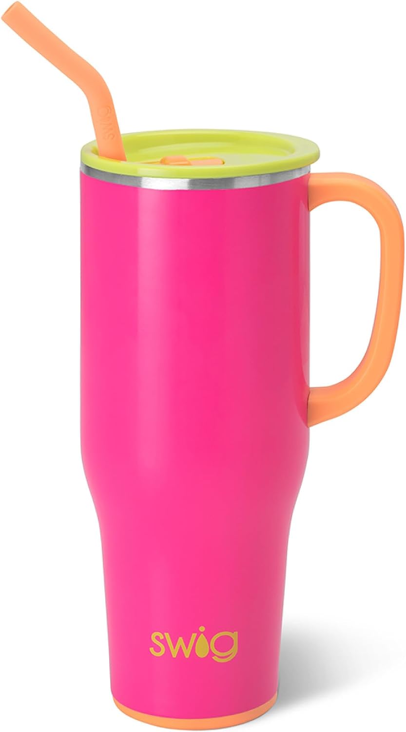 40oz Mega Mug, 40 oz Tumbler with Handle and Straw, Cup Holder Friendly, Dishwasher Safe, Extra Large Insulated Tumbler, Stainless Steel (Pickleball)