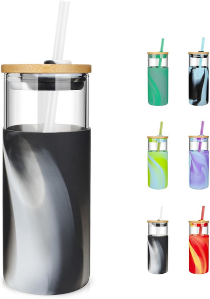 20 oz Glass Tumbler with Lids and Straws, Reusable Iced Coffee Cups - Colors A