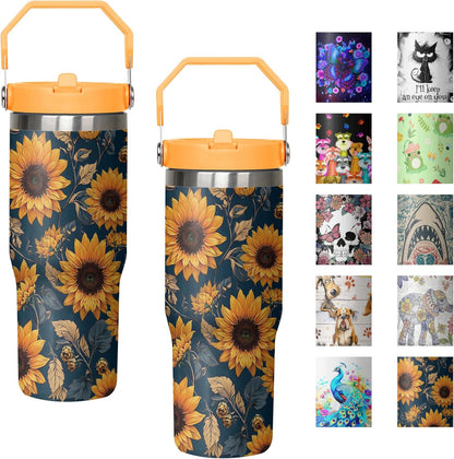 30 oz Peacock Blue Flip Straw Tumbler with Top Handle for Peacock Blue Lover Resuable Vacuum Insulated Flip Top Water bottle for Home Office Car