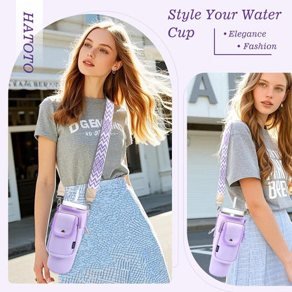 Water Bottle Holder with Strap for Stanley Cup 40/30oz, Insulated Neoprene Stanley Cup Holder with Strap for Tumbler with Handle Stanley Carrier Bag Cross-body Bag for Walking