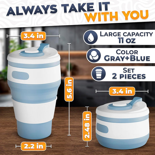 2-Pack Collapsible Cups for Traveling Reusable – 11oz Leakproof Coffee Travel Mug, Silicone, Foldable and Portable for Hiking, Camping, Office | Lightweight and Collapsible Coffee Cups for Outdoor Use