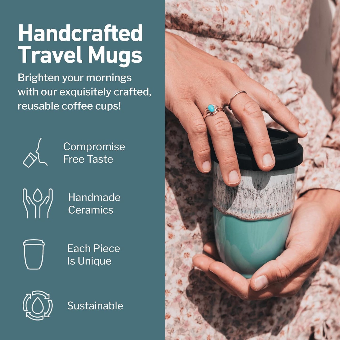 NOVA CERAMICS Coffee Tumbler – Travel Mug - On the Go Coffee Mug – Microwave & Dishwasher Safe Green Coffee Tumbler - Gifts For Women Men Him Her – 16oz – Monsoon