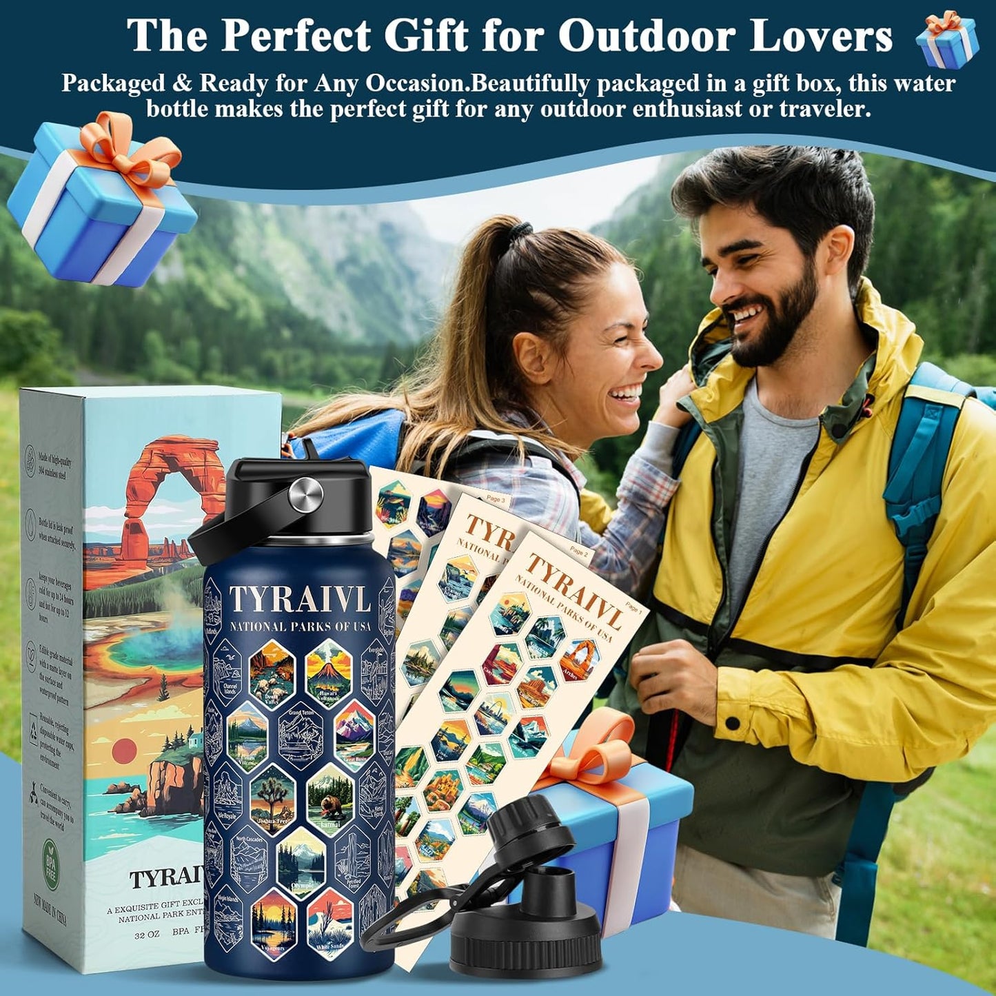 National Parks Water Bottle with Stickers, Birthday Gifts for Men and Women, 32oz Wide Mouth Leakproof Stainless Steel Bucket List Insulated Bottle for Camping & Hiking
