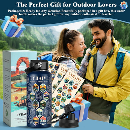 National Parks Water Bottle with Stickers, Birthday Gifts for Men and Women, 32oz Wide Mouth Leakproof Stainless Steel Bucket List Insulated Bottle for Camping & Hiking