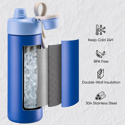Fijinhom 18 oz Insulated Water Bottle with Handle, 304 Stainless Steel Double Wall Vacuum, Keep 24H Cold, Leak Proof, BPA-Free,with Lid & Non-Slip Bottom for Outdoor, Sports, Work, Travel (Black)