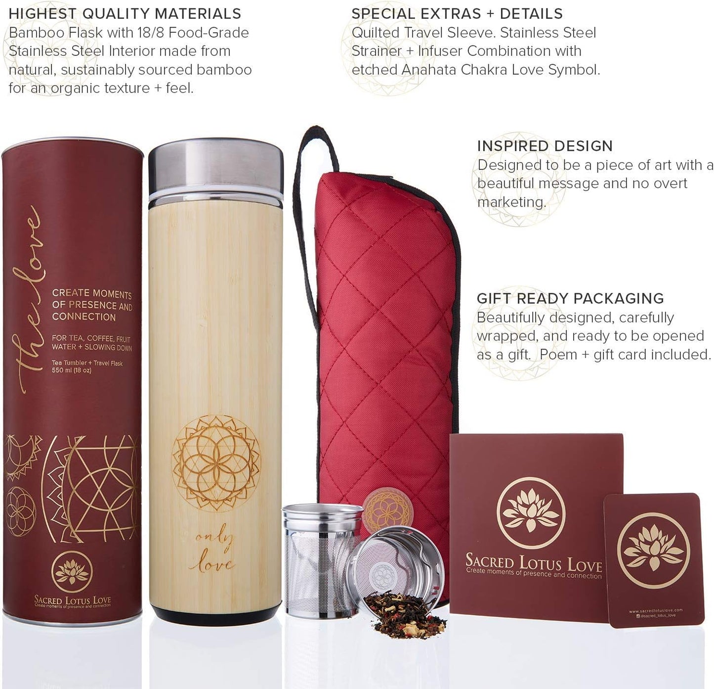 Sacred Lotus Love Insulated Bamboo Tea Travel Tumbler with Infuser, Strainer & Sleeve - For Hot Coffee or Cold, Stainless Steel Coffee Mug, Ideal Tea Gift Set, Keeps Beverages Hotter for Longer