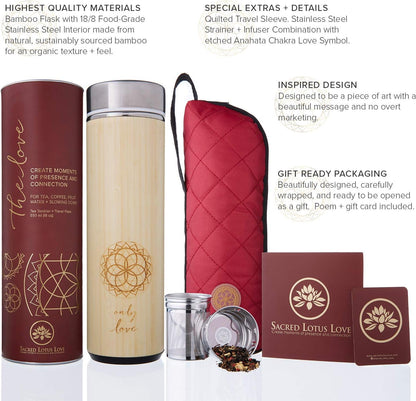 Sacred Lotus Love Insulated Bamboo Tea Travel Tumbler with Infuser, Strainer & Sleeve - For Hot Coffee or Cold, Stainless Steel Coffee Mug, Ideal Tea Gift Set, Keeps Beverages Hotter for Longer
