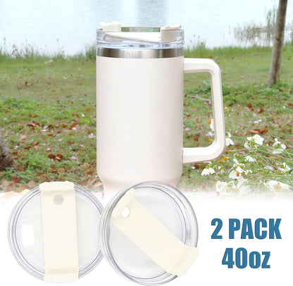40oz Tumbler Lid Compatible for Stanley, 2 Pack Replacement Tumbler Lids Fit for Stanley Adventure Quencher 40oz Travel Tumbler with Plastic Straws and Cleaning Brush - Cream