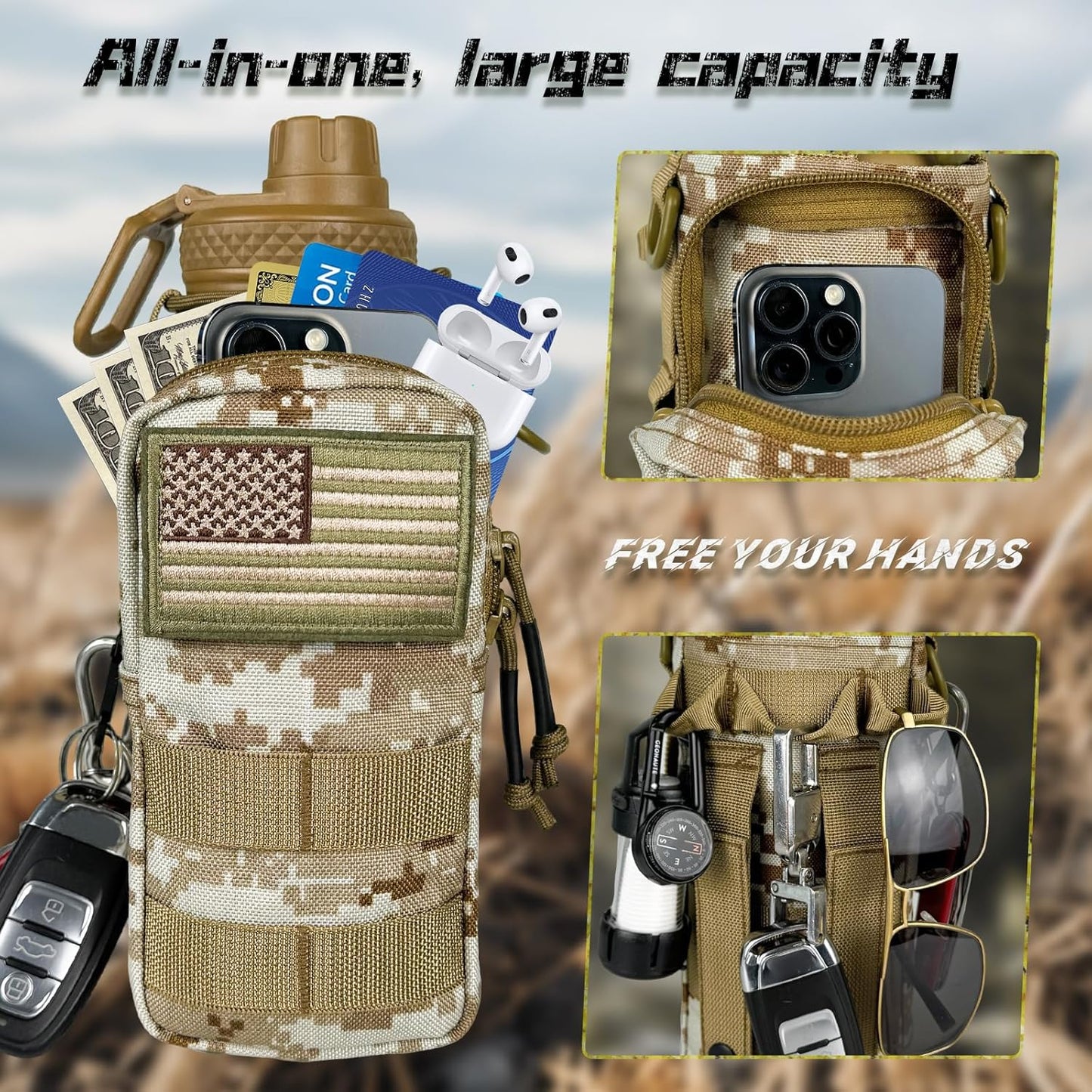 32 oz Insulated Water Bottle with Sleeve - Tactical Stainless Steel Gym Water Bottles for Men, Sports Water Bottle for Hiking Camping Outdoor with Camo Pouch