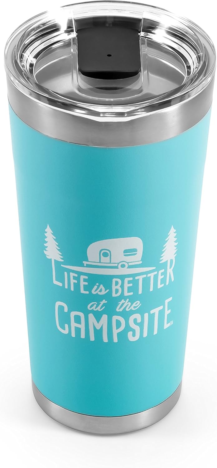 Camco Life is Better at The Campsite Tumbler | Heavy Duty Double Wall Vacuum Insulation | Crafted of 18/8 Stainless Steel | Unique “Life is Better at The Campsite” Design on Cool Blue | 20-oz (53057)