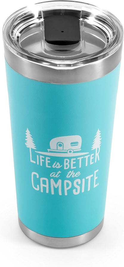 Camco Life is Better at The Campsite Tumbler | Heavy Duty Double Wall Vacuum Insulation | Crafted of 18/8 Stainless Steel | Unique “Life is Better at The Campsite” Design on Cool Blue | 20-oz (53057)