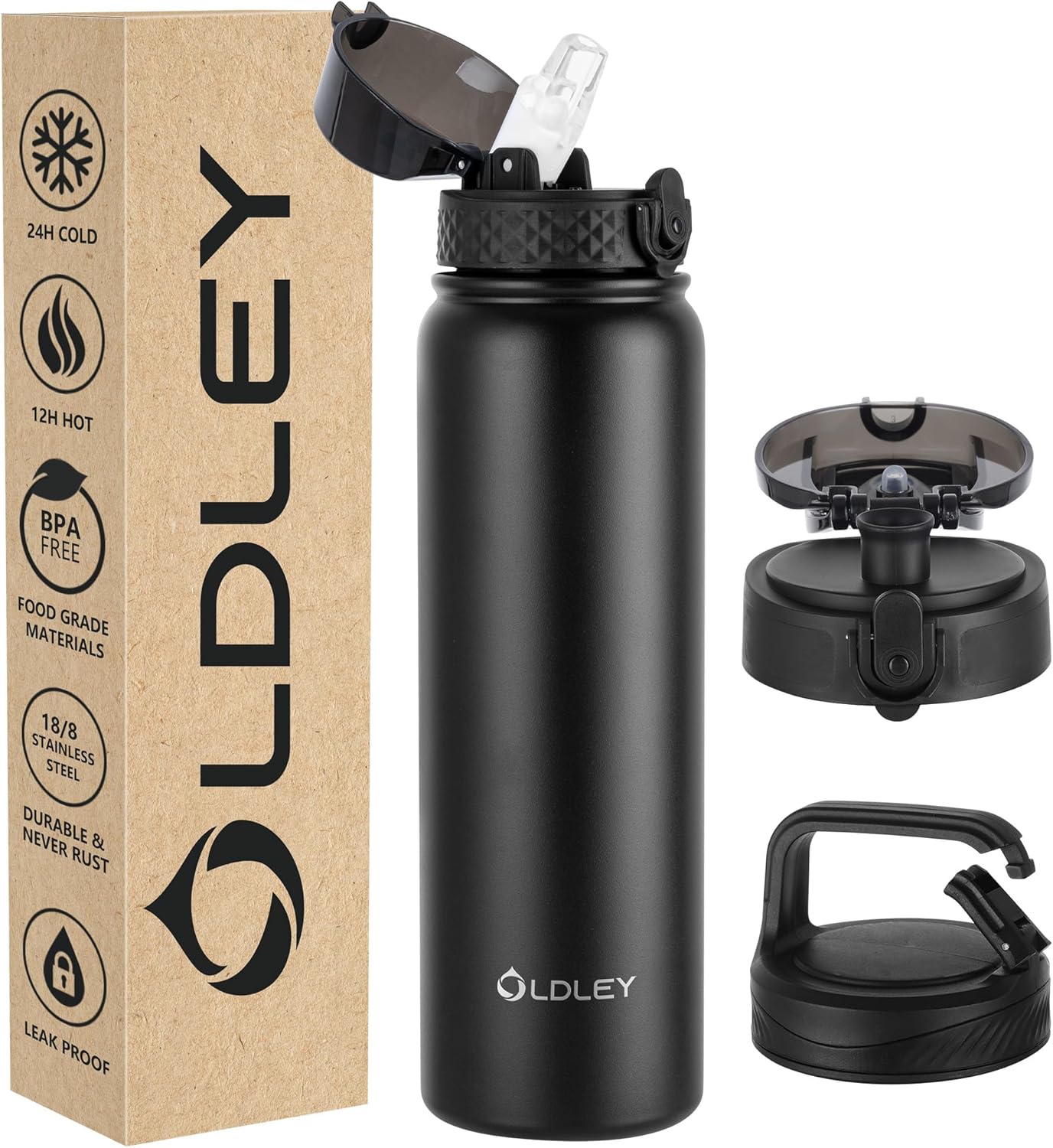 Oldley Insulated Water Bottle 20oz for Adults Kids Stainless Steel Water Bottles with Straw/Chug/Carabiner 3 Lids Fruit Strainer Double Wall Vacuum Wide Mouth BPA Free Leak-Proof for School Travel