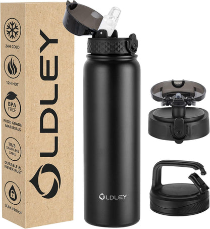 Oldley Insulated Water Bottle 20oz for Adults Kids Stainless Steel Water Bottles with Straw/Chug/Carabiner 3 Lids Fruit Strainer Double Wall Vacuum Wide Mouth BPA Free Leak-Proof for School Travel