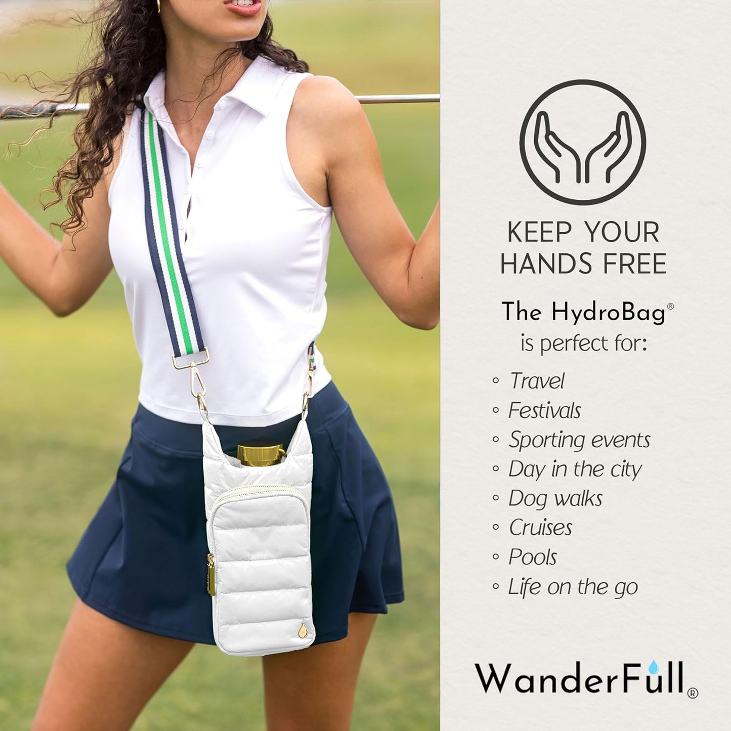 WanderFull Original HydroBag Fits Up to 32 oz Water Bottle Holder with Strap – Hands-Free Crossbody Water Bottle Carrier Bag with Phone Pocket - Colors B